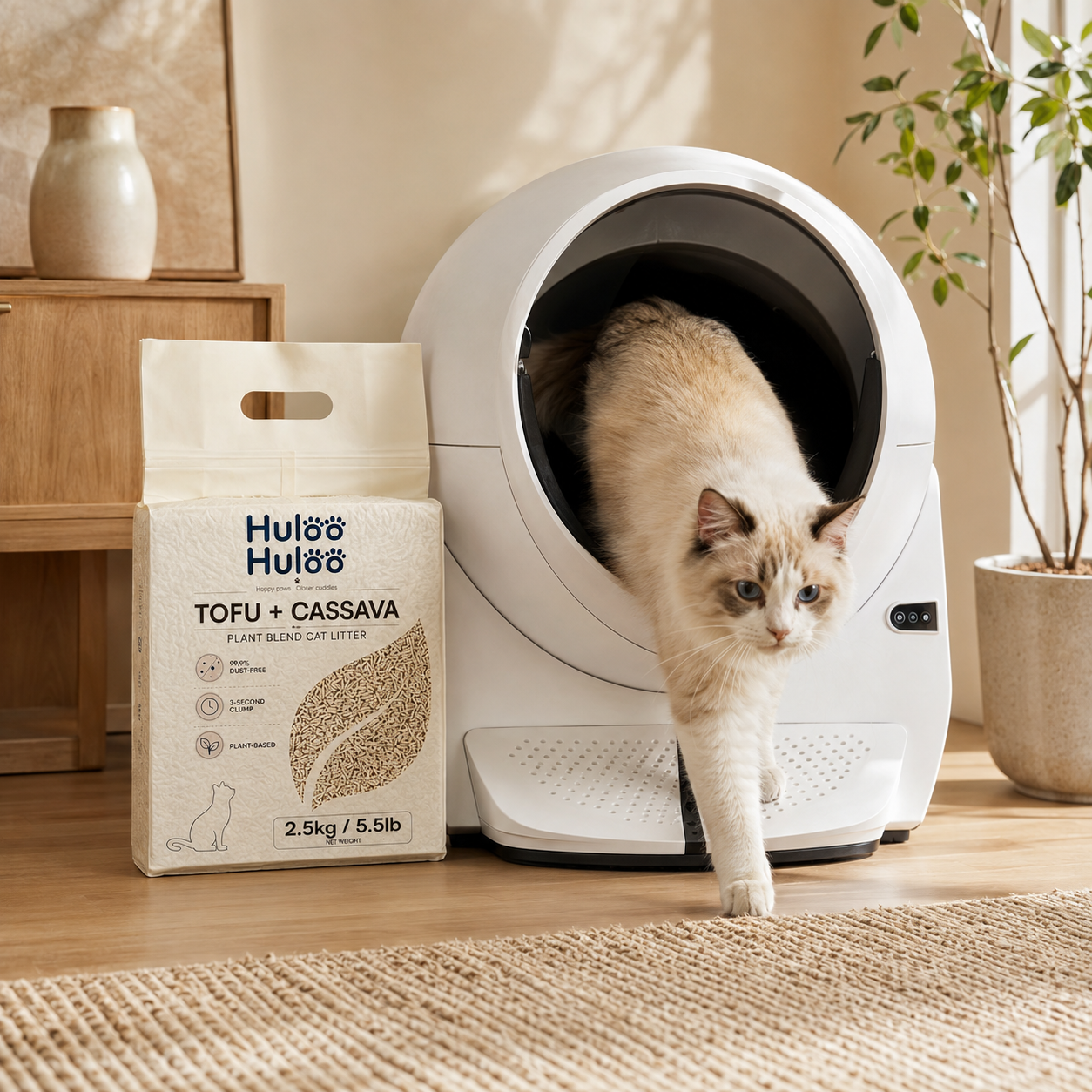 A cat leaving an automatic litter box next to a bag of huloo huloo tofu litter