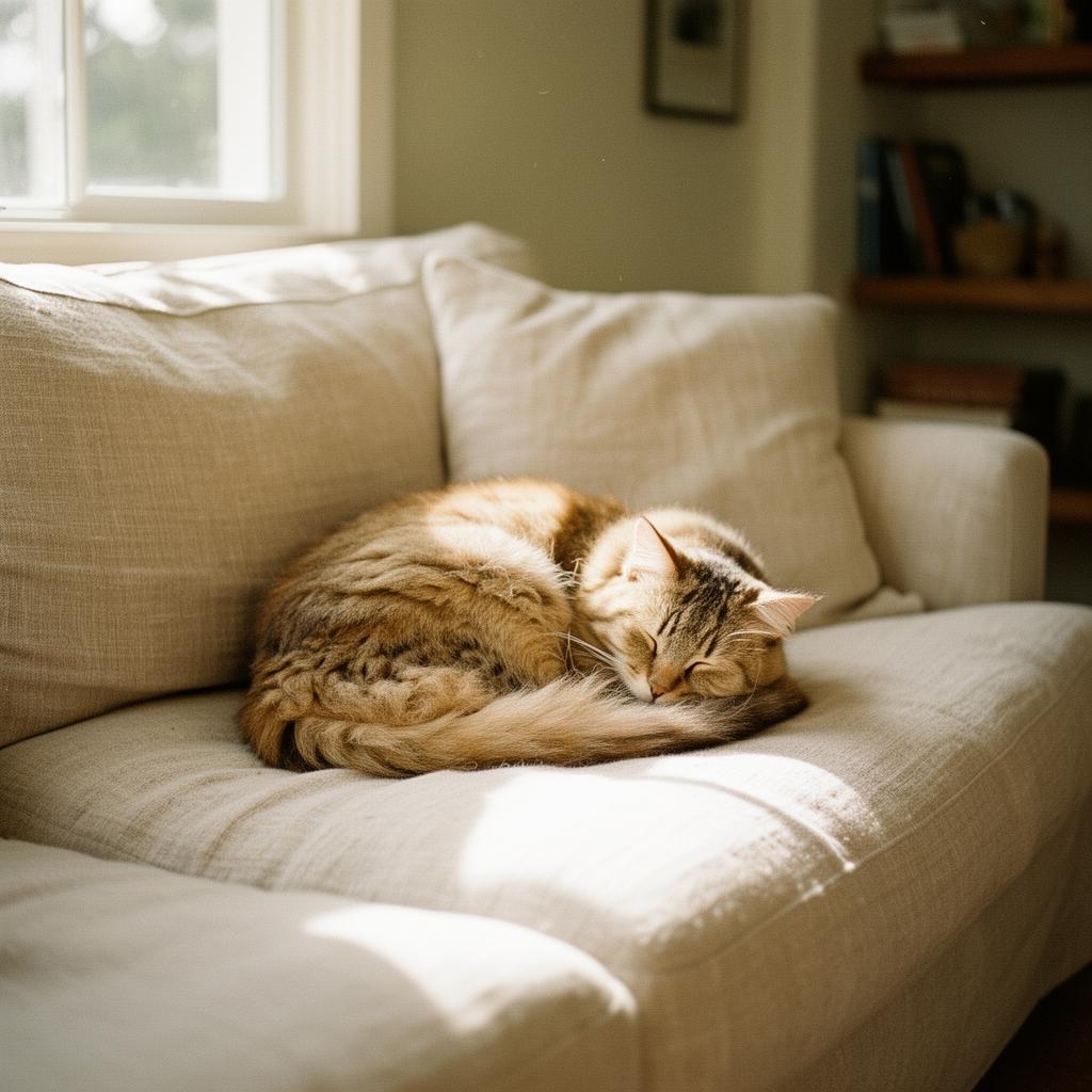 A cat resting peacefully in a warm sunlit room