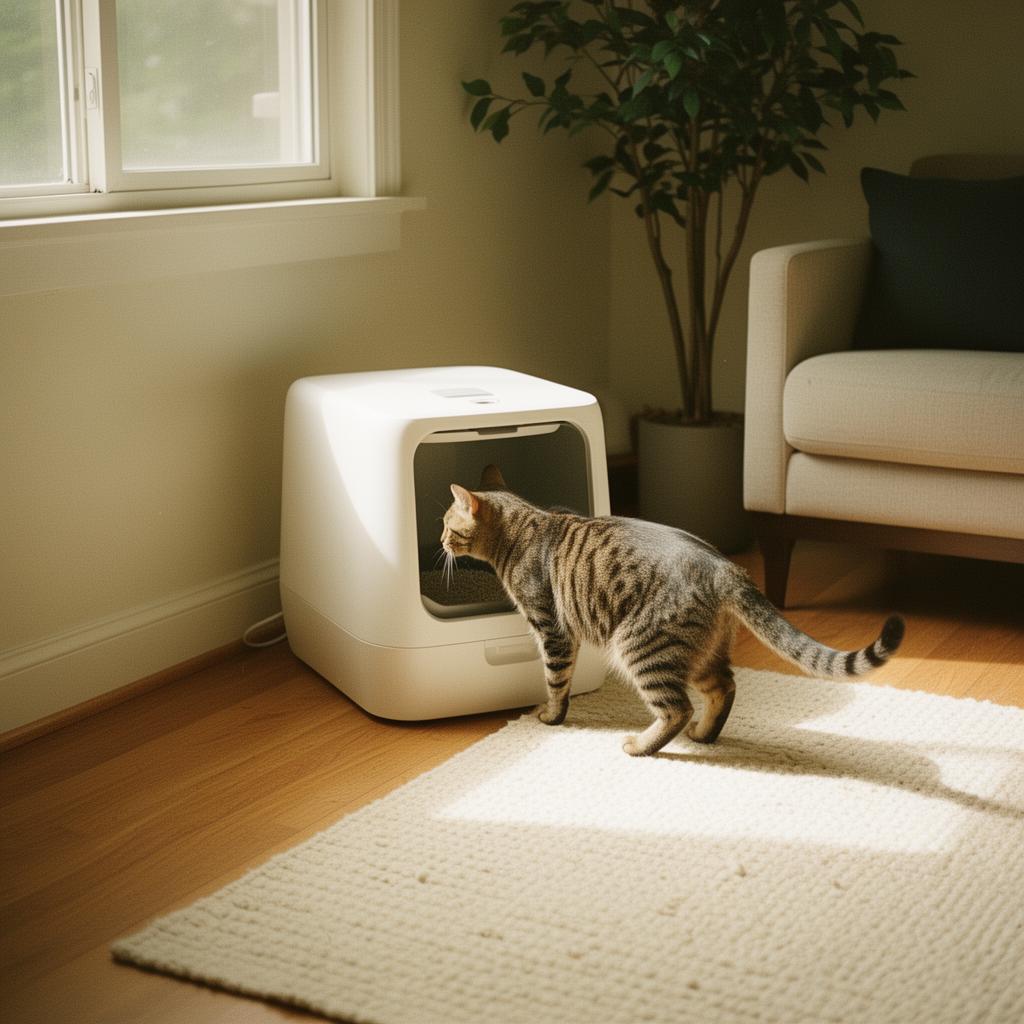 Cat using a modern automatic self-cleaning litter box at home