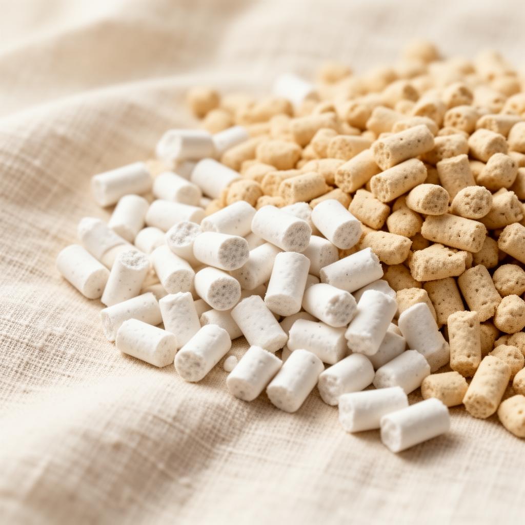 Close-up of white tofu pellets blended with warm beige cassava pellets